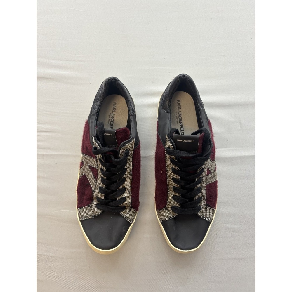 Karl Lagerfeld LF1S1144 Burgundy Black Leather Wool Sneakers Womens 7 EU 37